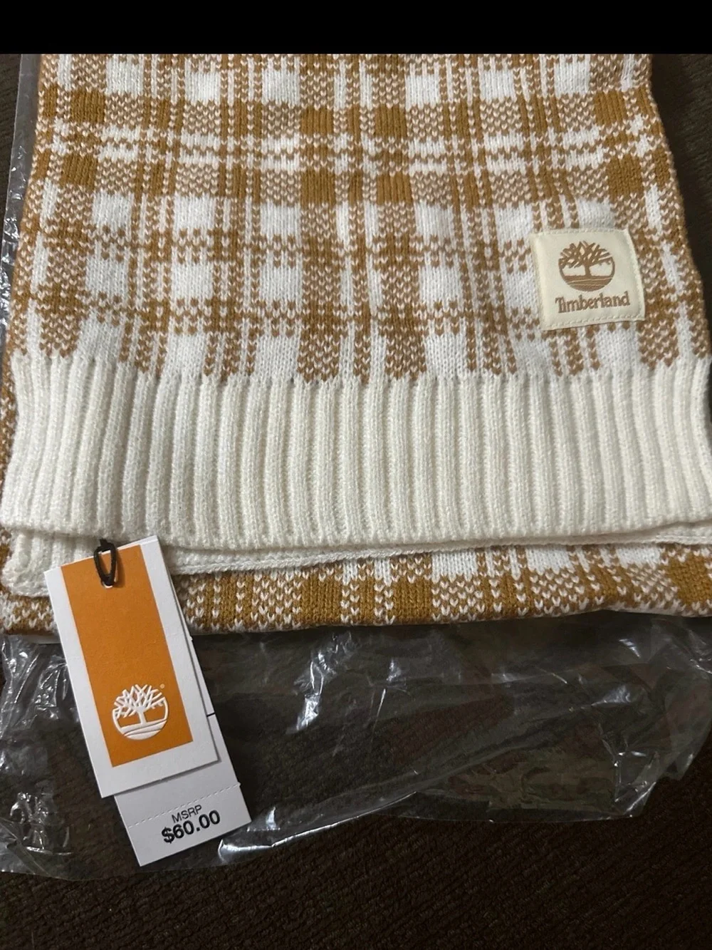 Timberland Camel and White Plaid Knit Scarf